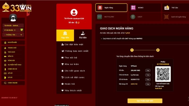 Hướng dẫn nạp tiền 33Win an toàn, hiệu quả 100%